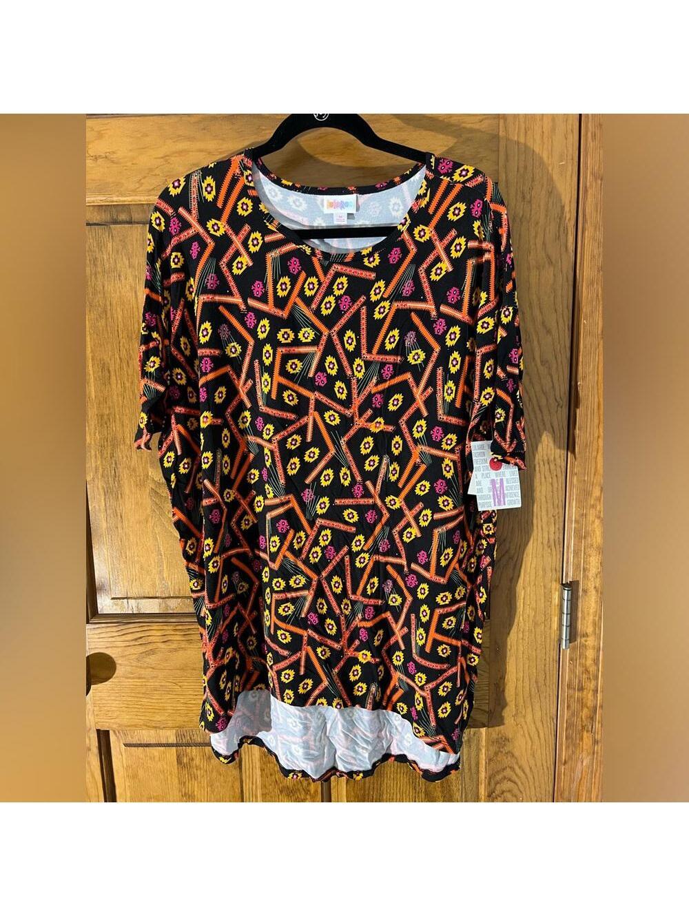 Lularoe Irma Tunic Top Shirt Fitted Sleeves High Low Loose Black Pink Medium NWT